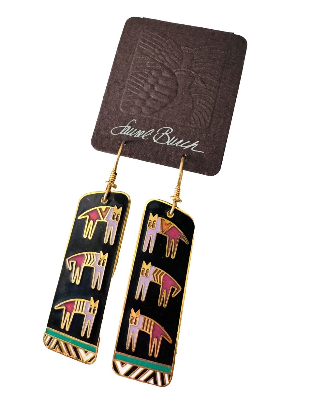 Vintage 1990 Laurel Burch Black HIEROGLYPHIC CATS Pierced Earrings on Orig. Card